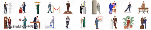 Tableau sur toile Set of professional people in elegant suits engaged in art curation, antique collection, and business activities in a flat vector illustration style