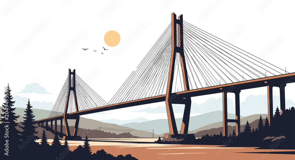 Obraz premium Elegant modern cable-stayed suspension bridge crossing a wide river at sunset with evergreen trees and rolling hills in the background.