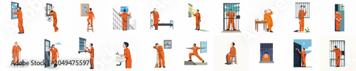 Obraz na płótnie A comprehensive set of vector illustrations showcasing the diverse daily lives, activities, and emotional states of prisoners within a correctional facility environment