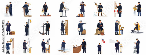 Foto A comprehensive set of flat vector illustrations depicting a sea captain in various nautical activities and maritime roles on a white background