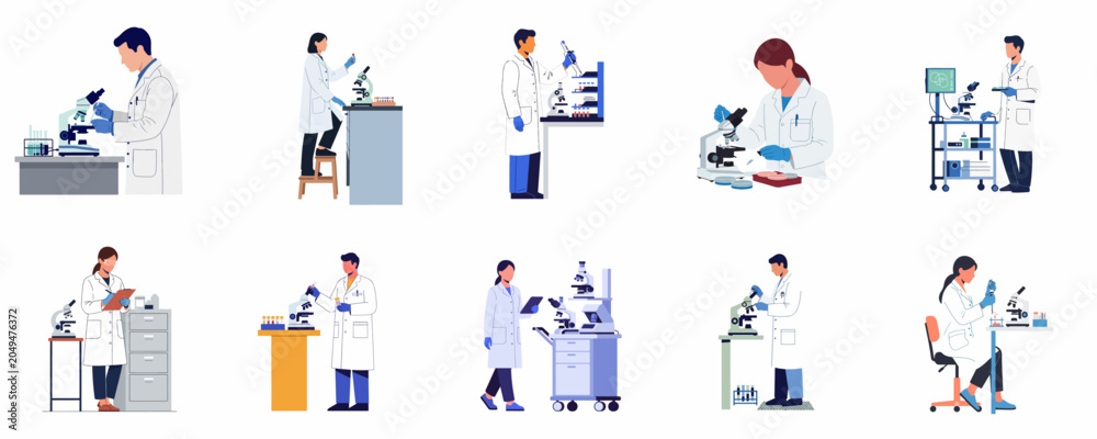 Fototapeta premium Vector Illustration Set of Laboratory Scientists Conducting Experiments and Research with Microscopes, Pipettes, and Test Tubes in a Science Lab