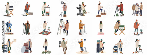 Foto Large collection of diverse female film crew professionals and production staff characters in flat illustration style wearing cozy winter clothing