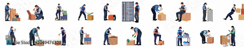 Foto Vector illustration set of customs officers and border control agents inspecting cargo, boxes, and containers in a logistics warehouse or shipping port