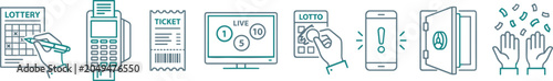 Lottery and Lotto Gambling Icon Set Showing Ticket Purchase Live Draw Scratch Card Winning Alert Bank Vault and Celebration Confetti Vector