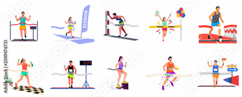 Fotografija A collection of diverse male and female athletes triumphantly crossing the finish line in a race, showcasing victory, achievement, and sportsmanship in flat illustration