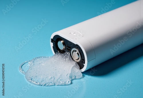 Leaking Battery with Corrosive Liquid on Blue Surface.