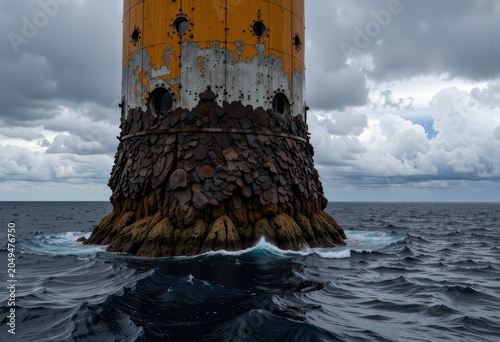 Lighthouse base surrounded by ocean waves.