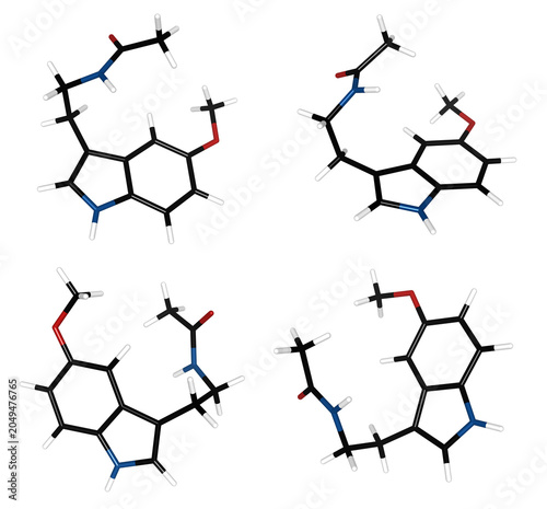 Tableau sur toile Scientific 3D Stick Molecular Models of Melatonin Hormone Molecule Chemical Structure Representing Sleep Regulation and Circadian Rhythm Physiology, isolated on transparent background