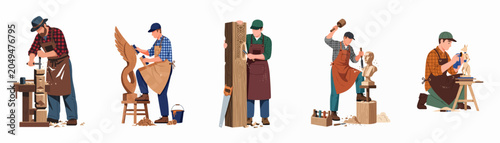 Foto Collection of male wood carvers and artisans working on various wooden sculptures and crafts, isolated on a white background