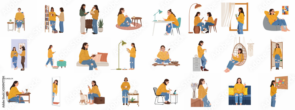 Fototapeta premium Flat Illustration Collection of a Young Woman Engaged in Various Daily Activities, Work, and Leisure at Home