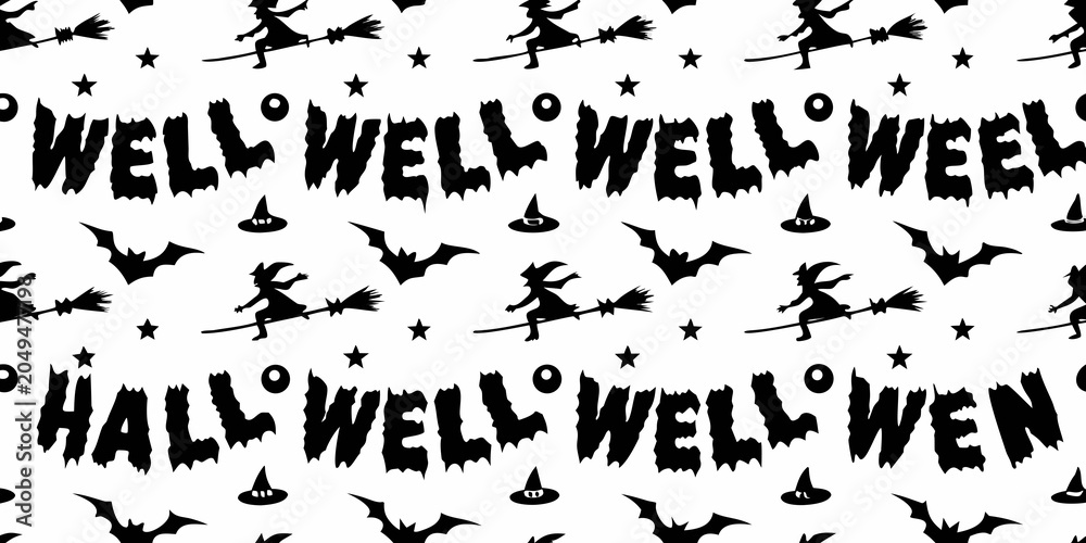 Obraz premium Halloween Pattern With Witches Bats And Stars Black And White
