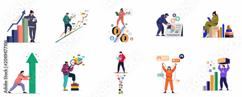 Collection of flat business illustrations showing professionals analyzing data, improving conversion rates, and driving financial growth with charts and strategic marketing tools.