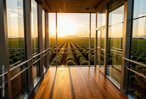 Modern glass room overlooking vast green fields at sunset.