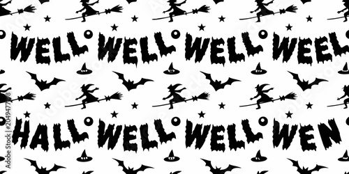 Foto Halloween Pattern With Witches Bats And Stars Black And White
