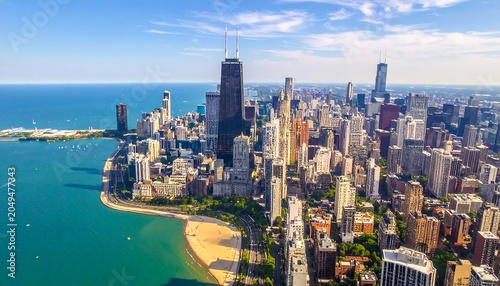 Aerial view of a sprawling metropolis along a sparkling blue lake, with numerous skyscrapers under a clear sky