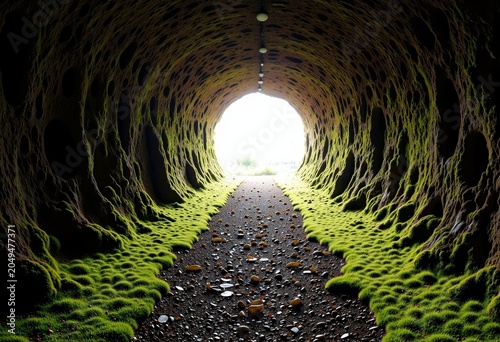 Mossy Tunnel Illuminated by Natural Light.