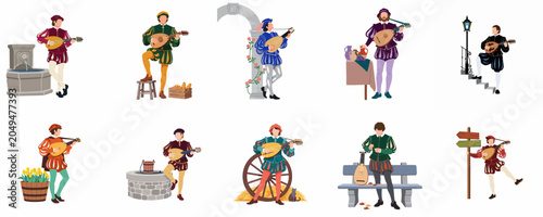 Bild auf Leinwand Set of 10 Renaissance Male Musicians Playing Lute in Various Historical Settings