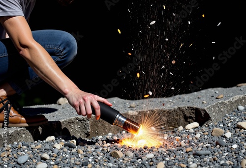 Person using blowtorch on rocky surface outdoors.