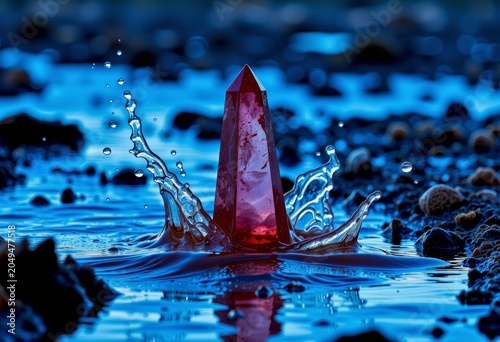 Red crystal splashing in blue water at dusk.