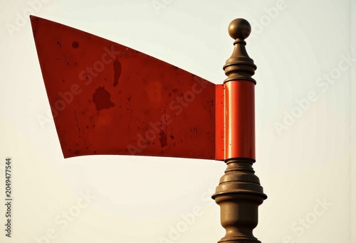 Red flag on ornate metal pole against sky.