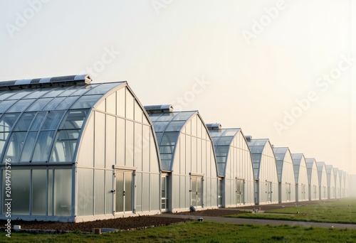 Row of modern greenhouses in rural landscape.
