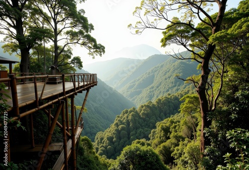 Scenic view of lush forested mountains.