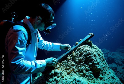 Scientist conducting underwater research on coral reef.