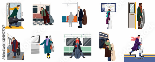 Fotografie Set of flat illustrations featuring diverse musicians commuting on public transport with large instrument cases in subways and trains