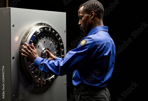 Security guard operating a large bank vault door.