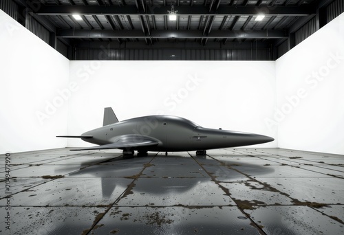 Sleek jet aircraft displayed in spacious hangar.