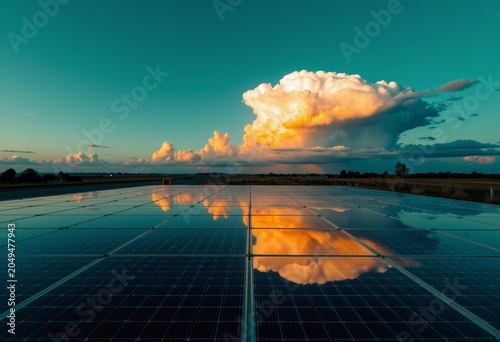 Solar panels reflecting vibrant sunset clouds.