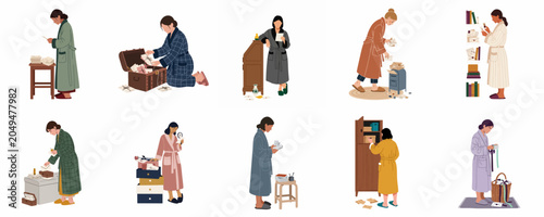 Quadro em tela Set of illustrations of women in robes reading and organizing vintage letters, boxes of memories, and personal correspondence in a domestic setting