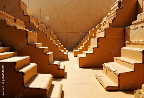 Symmetrical ancient stone steps in sunlight.