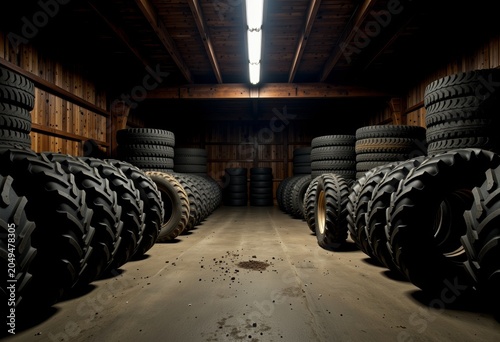 Warehouse filled with large tractor tires in rows.