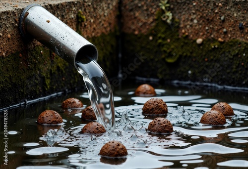 Water flowing from pipe into pond with spheres.