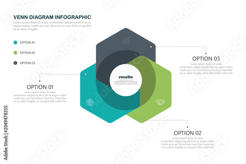 Venn diagram infographic chart template for business 3, 4, parts, options, presentation with venn diagram elements vector illustration.