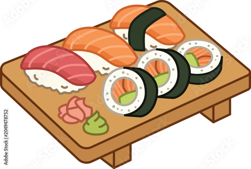 Obraz na płótnie Assorted sushi platter with salmon nigiri, tuna nigiri, and maki rolls served on