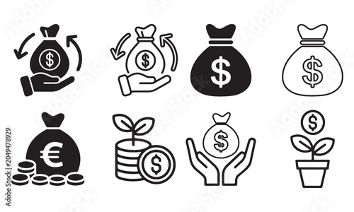 Money bag and financial growth icon set vector design