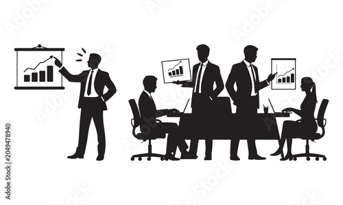 Business meeting and presentation silhouette vector set