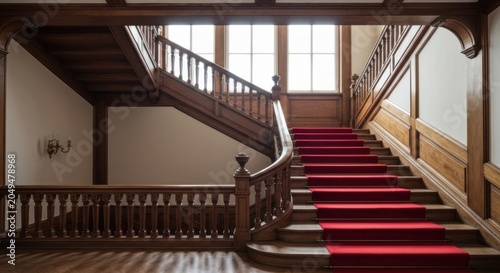 Elegant wooden staircase with red carpet in a historic building.