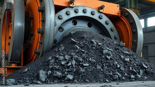 crusher. Industrial jaw crusher crushing dark ore, dynamic metallic scene. safety posters, maintenance manuals, designed for industrial assembly lines and welding operations.