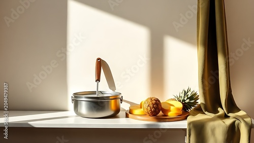 mantel. Miniature steel drum, mango and pineapple platter, green black gold textile, Caribbean decor. event programs, museum guides, designed for cultural heritage projects and event programs.