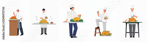 Bild auf Leinwand Set of professional chefs preparing and garnishing roasted turkeys for festive meals, illustrated in a flat vector style on a white background