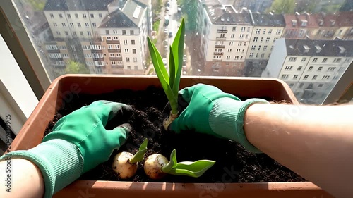 Gardener in green gloves planting tulip bulbs in a balcony container. High angle view overlooking city buildings and streets. Urban gardening concept ideal for sustainable lifestyle content.