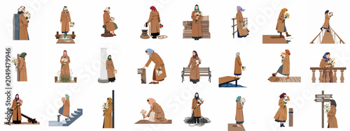 Cuadro en lienzo Collection of flat vector illustrations depicting a woman in a trench coat and h