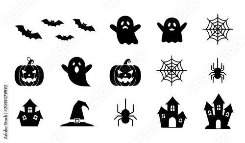 Minimal Halloween Silhouette Icon Set Vector Collection Black Spooky Elements for Modern Design Isolated White Background