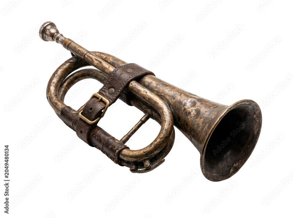 Fototapeta premium Vintage Brass Bugle with Leather Strap Isolated on White.