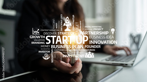Φωτογραφία A close-up view illustrating business startup concepts with keywords highlighting growth, innovation, and investment strategies