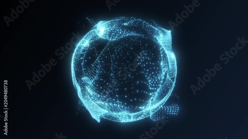 Cyan particle energy ring with bright digital dots and soft glowing waves on dark background, futuristic abstract portal for tech visuals, VJ loops, and motion design.