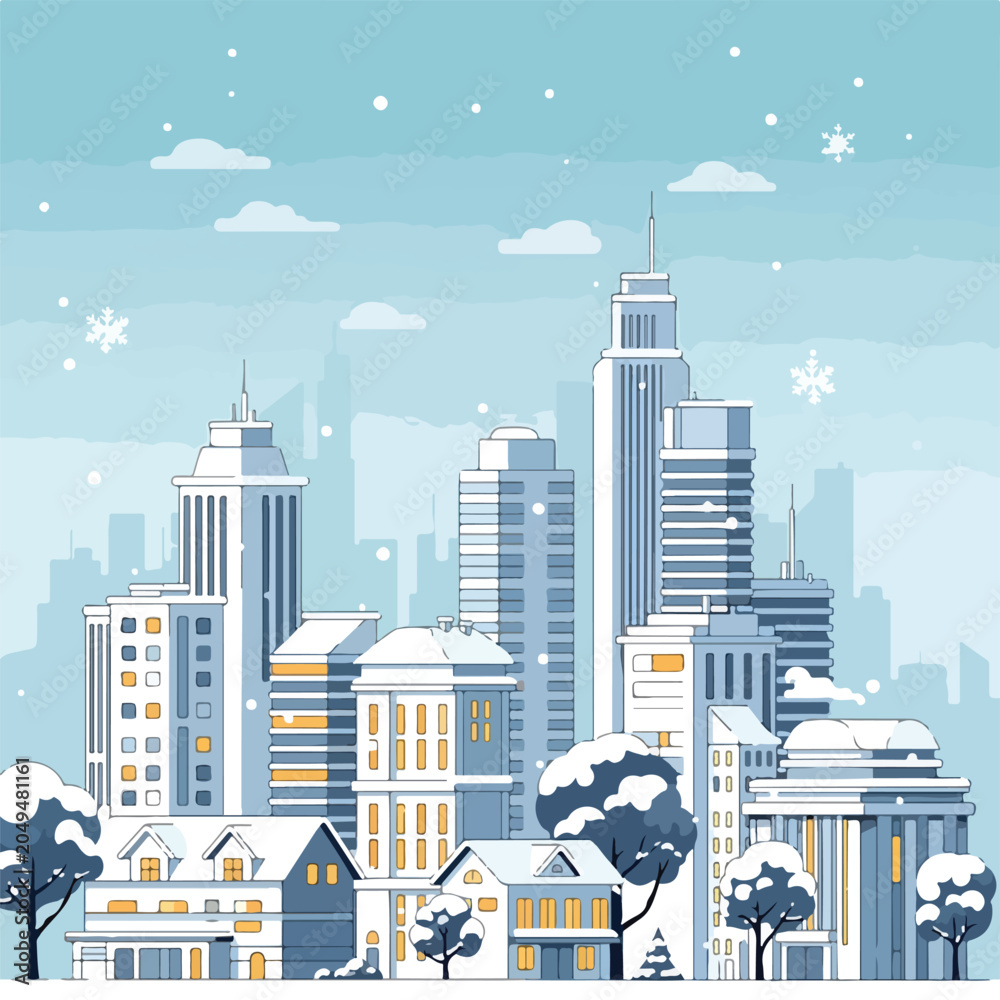 Obraz premium Snowy cityscape with skyscrapers and homes